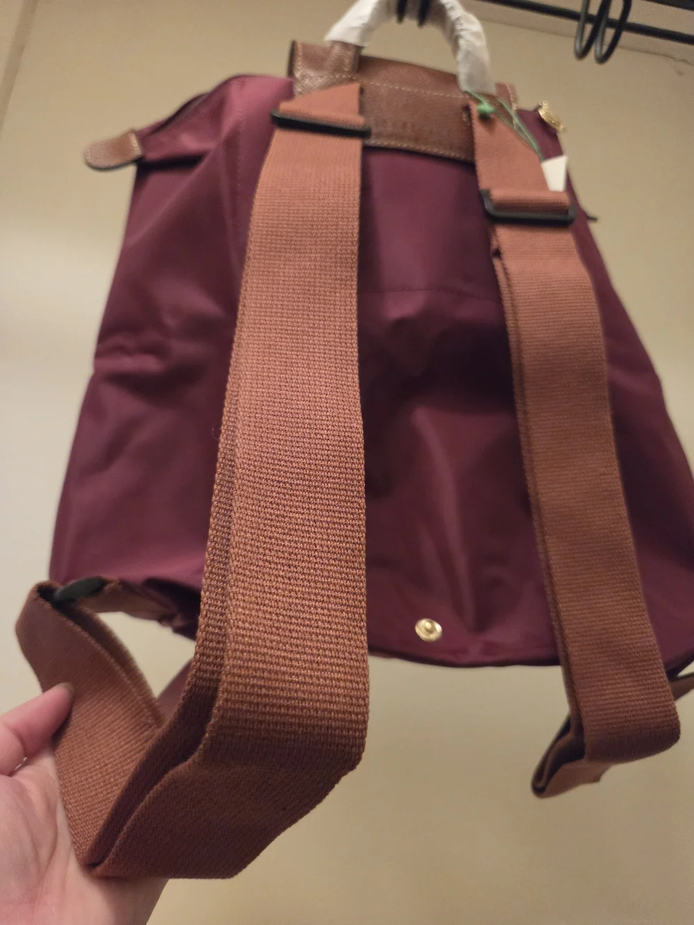 Longchamp Burgundy Nylon Backpack with Brown Leather Flap